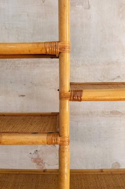 Pair Of Arched Bamboo Bookcases With Woven Rush Fabric 1970s