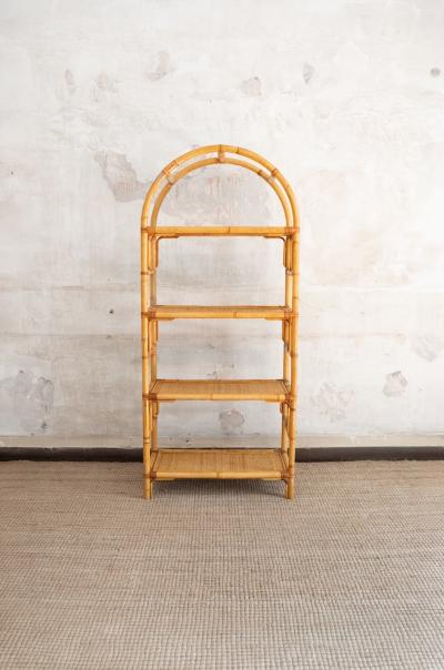 Pair Of Arched Bamboo Bookcases With Woven Rush Fabric 1970s