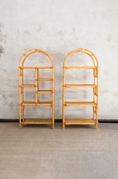 Pair Of Arched Bamboo Bookcases With Woven Rush Fabric 1970s