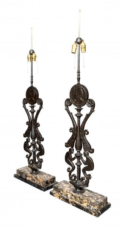 Pair Of Art Deco Cast Iron And Portola Marble Lamps