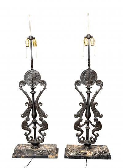 Pair Of Art Deco Cast Iron And Portola Marble Lamps