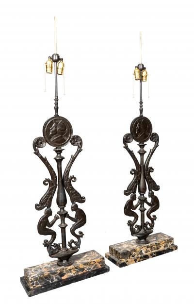 Pair Of Art Deco Cast Iron And Portola Marble Lamps