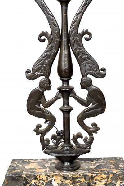 Pair Of Art Deco Cast Iron And Portola Marble Lamps