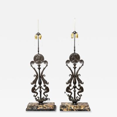 Pair Of Art Deco Cast Iron And Portola Marble Lamps