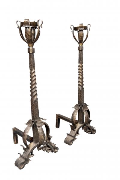 Pair Of Art Nouveau Wrought Iron Andirons