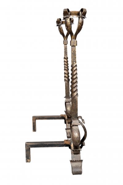 Pair Of Art Nouveau Wrought Iron Andirons