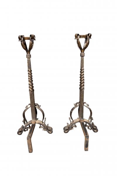 Pair Of Art Nouveau Wrought Iron Andirons