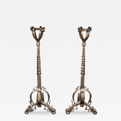 Pair Of Art Nouveau Wrought Iron Andirons