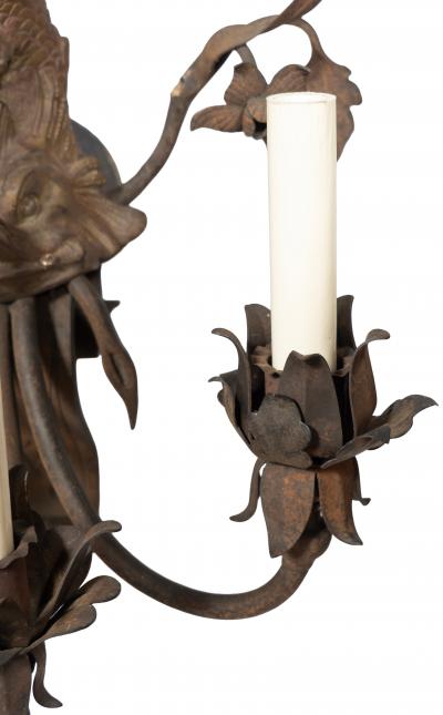 Pair Of Arts And Crafts Bronze And Wrought Iron Dolphin Wall Sconces