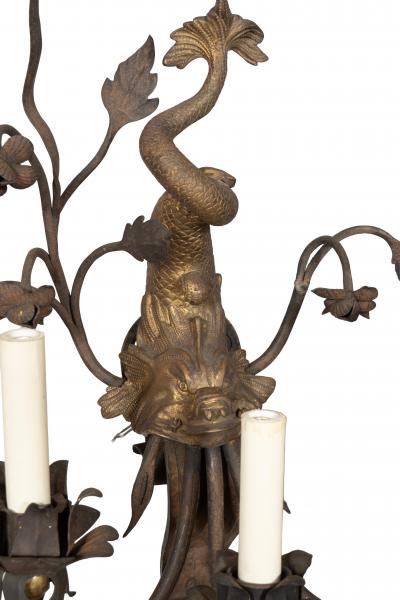 Pair Of Arts And Crafts Bronze And Wrought Iron Dolphin Wall Sconces