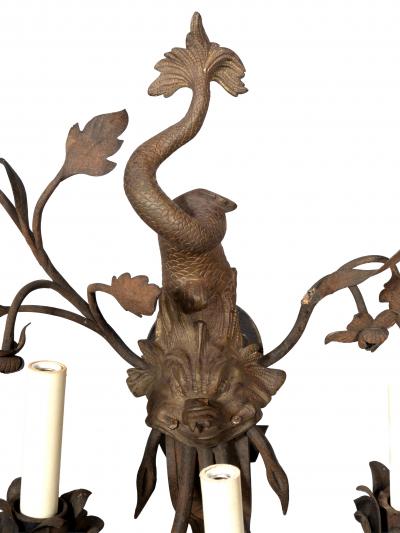 Pair Of Arts And Crafts Bronze And Wrought Iron Dolphin Wall Sconces
