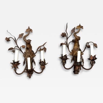 Pair Of Arts And Crafts Bronze And Wrought Iron Dolphin Wall Sconces