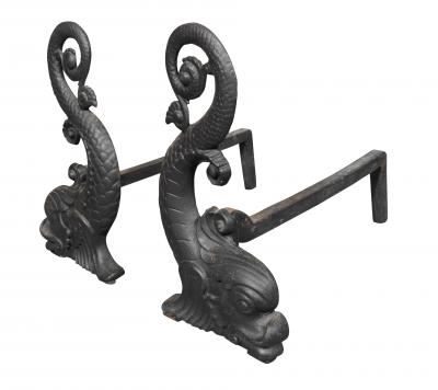 Pair Of Bradley Hubbard Dolphin Form Cast Iron Andirons