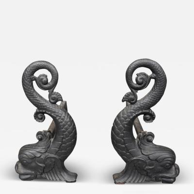 Pair Of Bradley Hubbard Dolphin Form Cast Iron Andirons