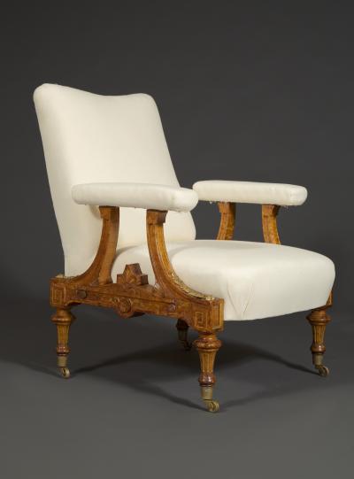 Pair Of Carved Birds Eye Maple And Gilt Brass Mounted Aesthetic Period Armchairs
