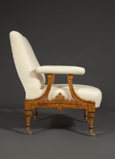Pair Of Carved Birds Eye Maple And Gilt Brass Mounted Aesthetic Period Armchairs