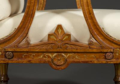 Pair Of Carved Birds Eye Maple And Gilt Brass Mounted Aesthetic Period Armchairs