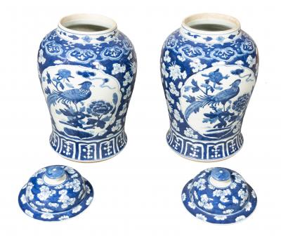 Pair Of Chinese Blue And White Covered Jars