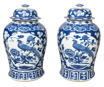 Pair Of Chinese Blue And White Covered Jars