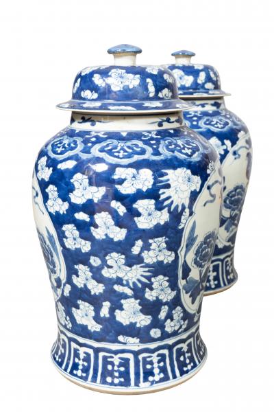 Pair Of Chinese Blue And White Covered Jars
