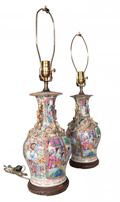 Pair Of Chinese Export Rose Mandarin Table Lamps