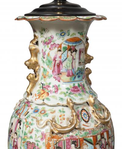 Pair Of Chinese Export Rose Mandarin Vases Mounted As Lamps