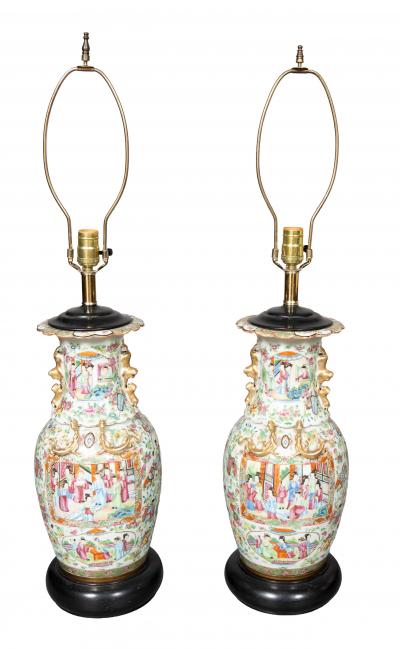 Pair Of Chinese Export Rose Mandarin Vases Mounted As Lamps