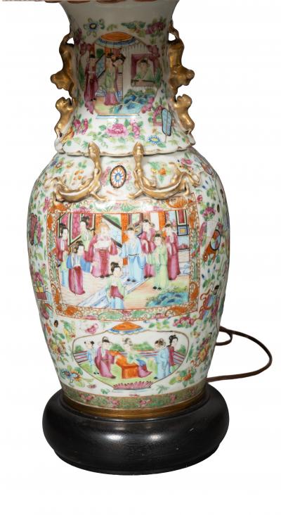 Pair Of Chinese Export Rose Mandarin Vases Mounted As Lamps