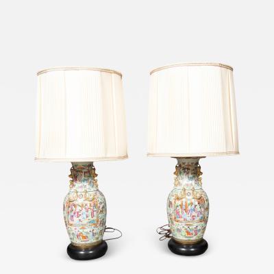 Pair Of Chinese Export Rose Mandarin Vases Mounted As Lamps