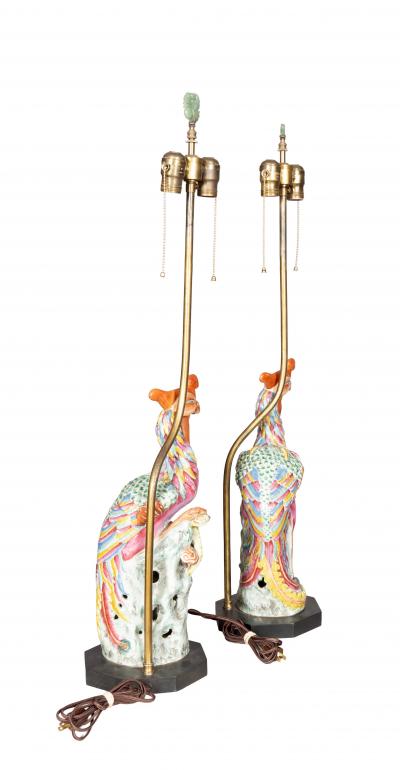 Pair Of Chinese Phoenix Bird Porcelain Table Lamps