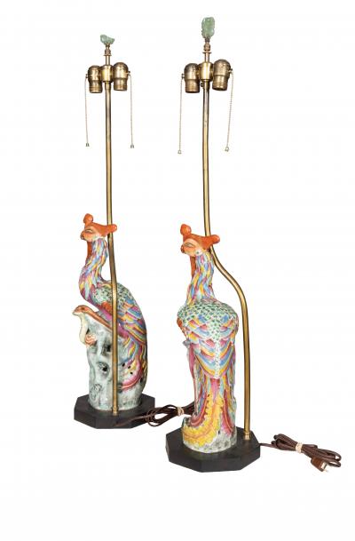 Pair Of Chinese Phoenix Bird Porcelain Table Lamps