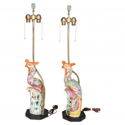 Pair Of Chinese Phoenix Bird Porcelain Table Lamps