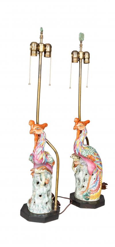 Pair Of Chinese Phoenix Bird Porcelain Table Lamps