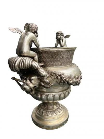 Pair Of Classical Style Silvered Metal Garden Urns