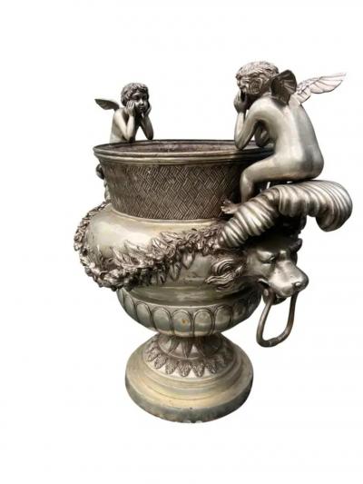 Pair Of Classical Style Silvered Metal Garden Urns