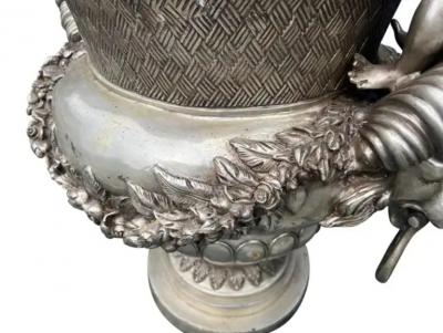 Pair Of Classical Style Silvered Metal Garden Urns
