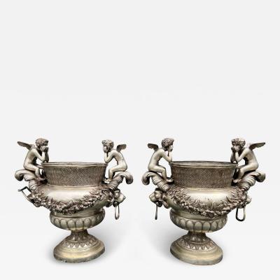 Pair Of Classical Style Silvered Metal Garden Urns