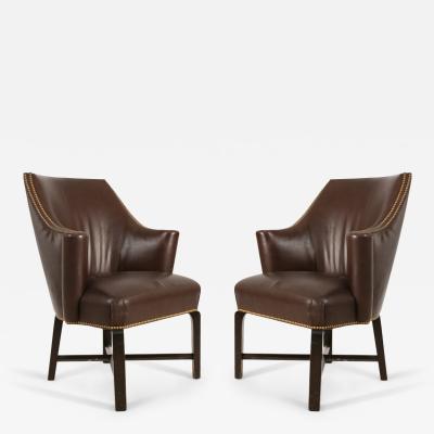 Pair Of Contemporary Brown Leather Rounded Back Club Armchair