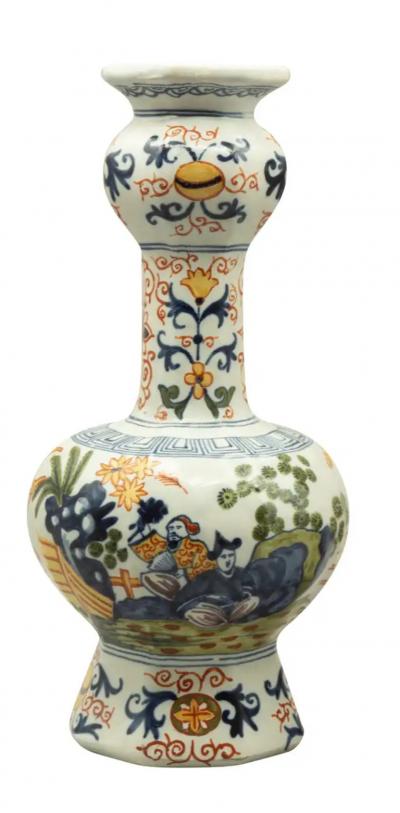 Pair Of Dutch Polychrome Delft Garlic Neck Vases