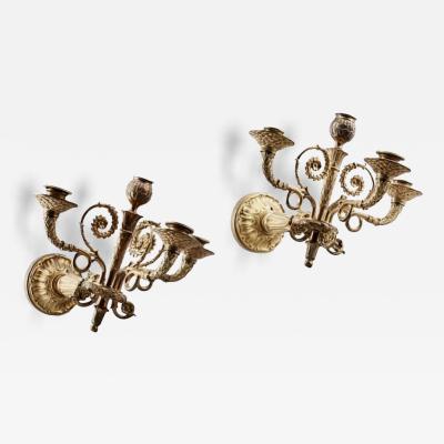 Pair Of Empire Style Gilt Bronze Wall Sconces With Lion Mascarons France