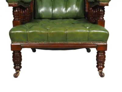 Pair Of English Late Victorian Green Tufted Leather Mahogany Armchairs