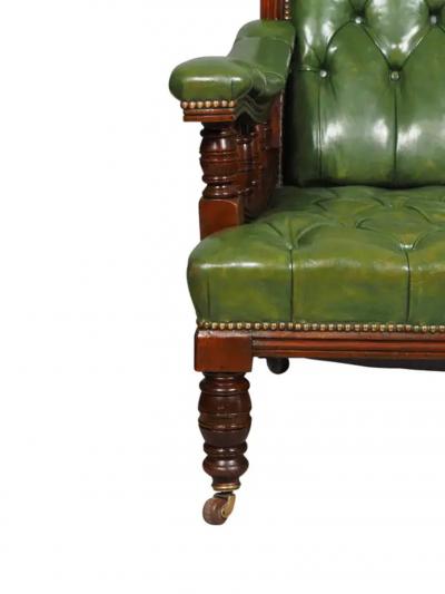 Pair Of English Late Victorian Green Tufted Leather Mahogany Armchairs
