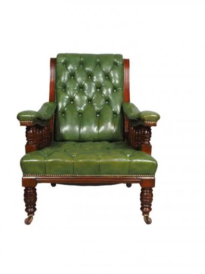 Pair Of English Late Victorian Green Tufted Leather Mahogany Armchairs