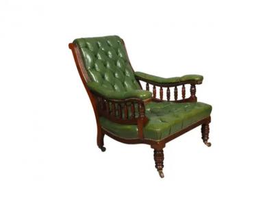 Pair Of English Late Victorian Green Tufted Leather Mahogany Armchairs