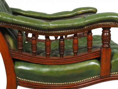 Pair Of English Late Victorian Green Tufted Leather Mahogany Armchairs