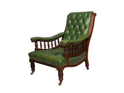 Pair Of English Late Victorian Green Tufted Leather Mahogany Armchairs