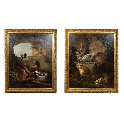 Pair Of European Oil on Canvas Paintings Of Birds In A Ruin