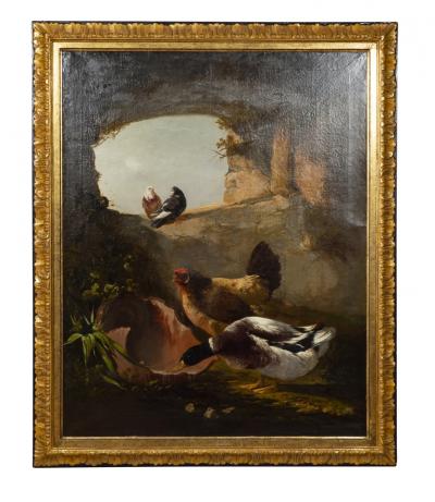 Pair Of European Oil on Canvas Paintings Of Birds In A Ruin