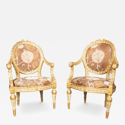 Pair Of Fine Italian Neoclassical Painted And Giltwood Armchairs