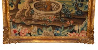 Pair Of Framed Needlepoint Pictures Depicting Scenes From Aesops Fables